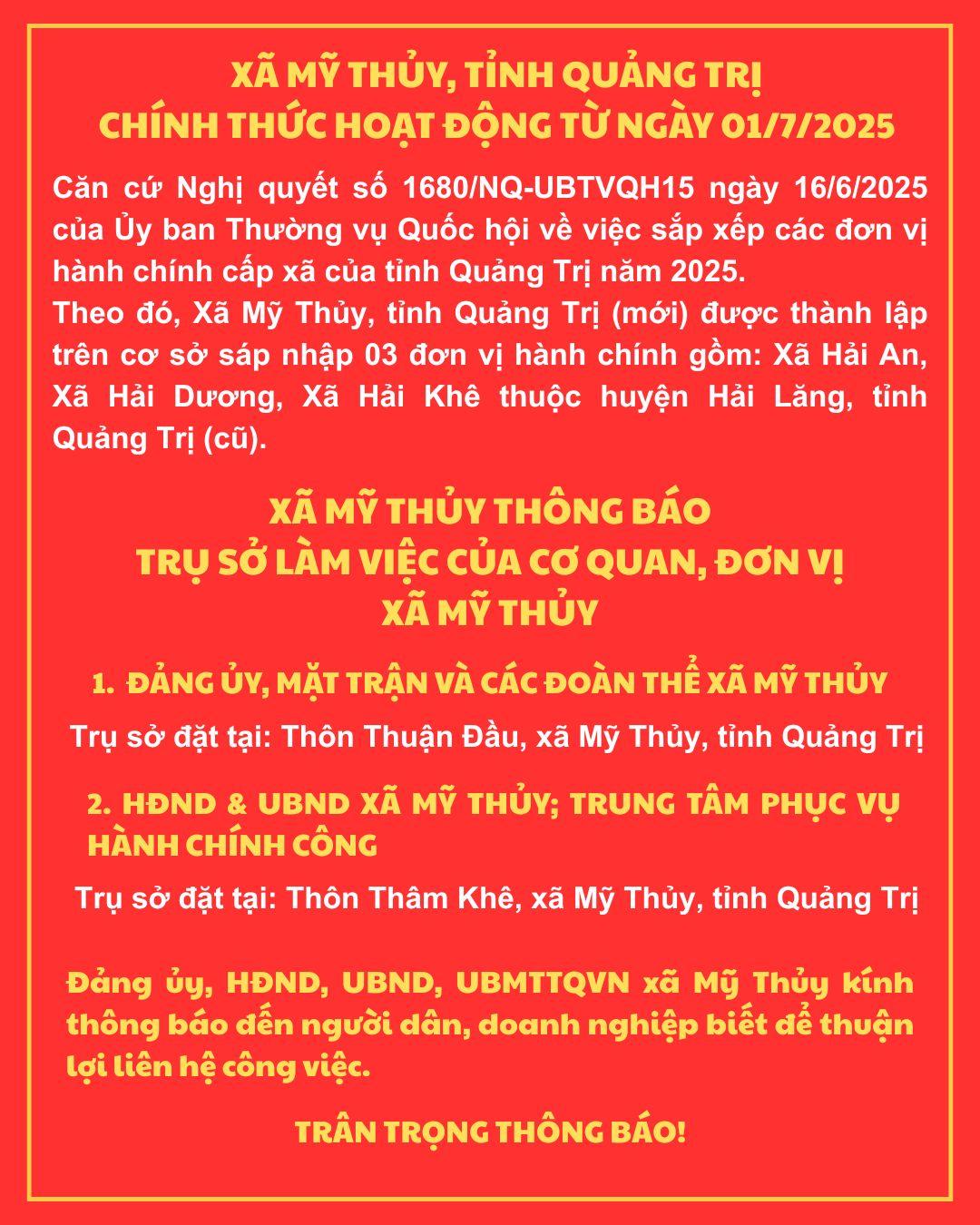THÔNG BÁO TRỤ SỞ LÀM VIỆC CỦA CƠ QUAN, ĐƠN VỊ XÃ MỸ THỦY